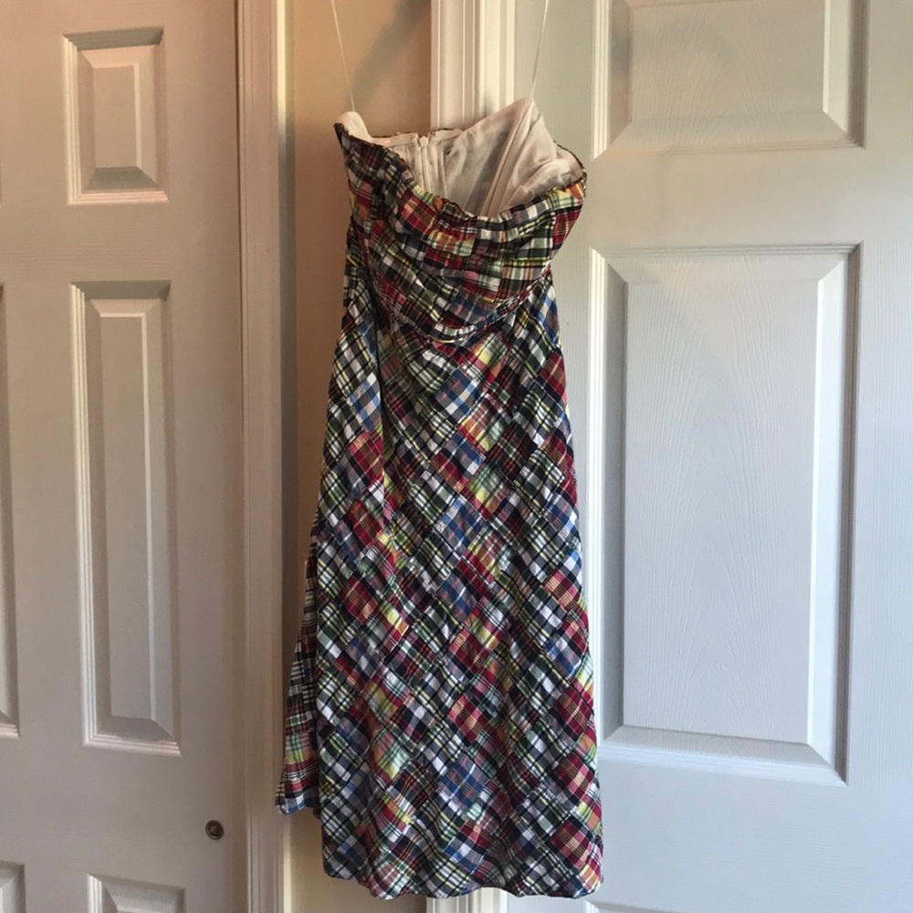 Strapless plaid tea length dress
